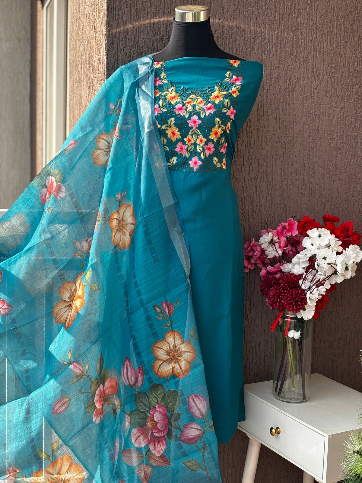Vichitra Silk Floral Embroidered 3-Piece Unstitched Suit Set