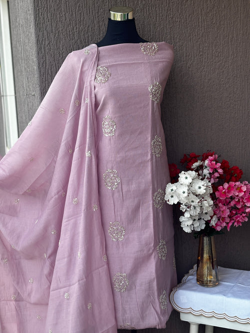 Linen Chanderi Embroidered 3-Piece Unstitched Suit Set
