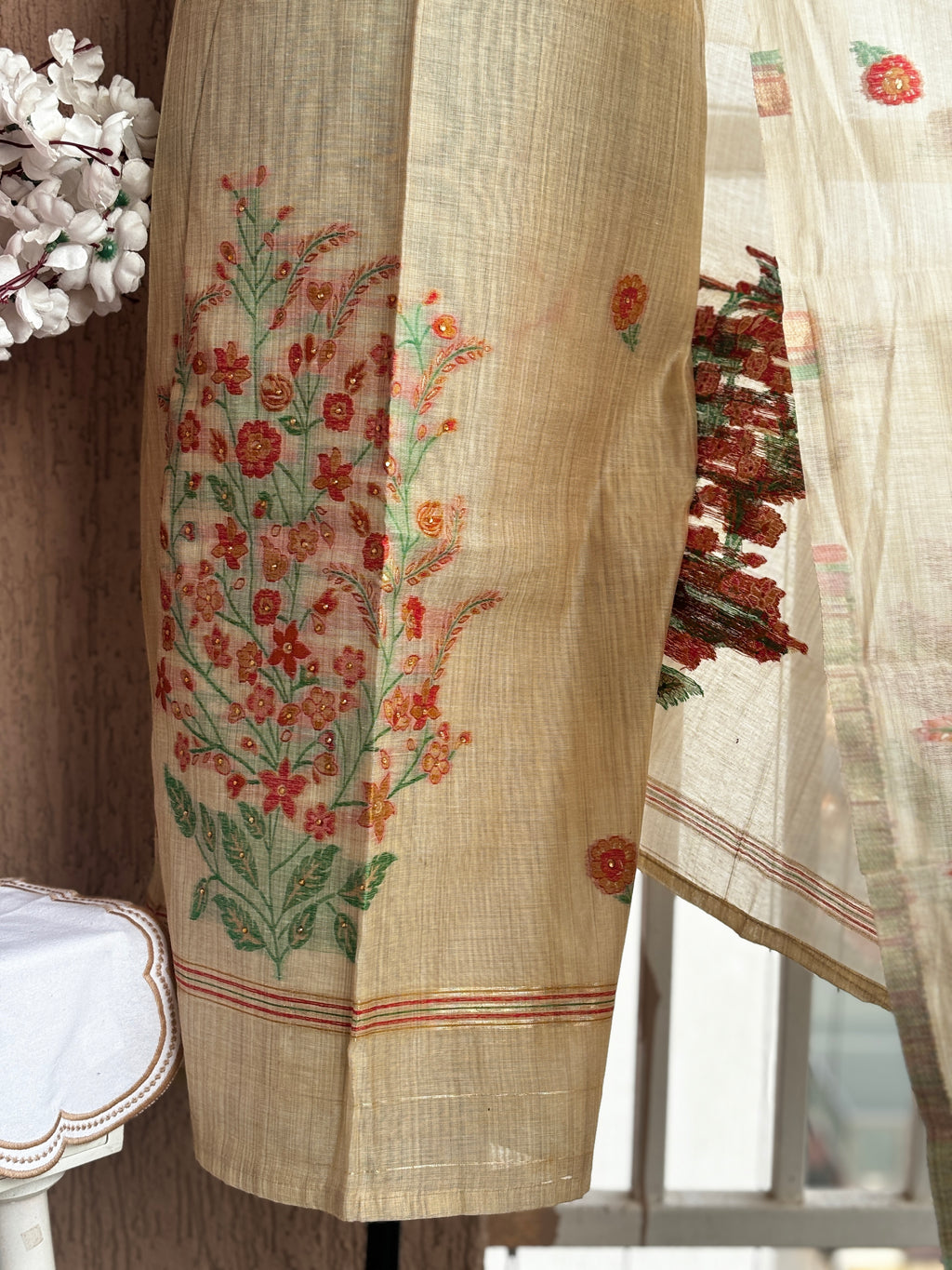 Jamdani Cotton Silk 3-Piece Unstitched Dress Material Set | Weavers Collections