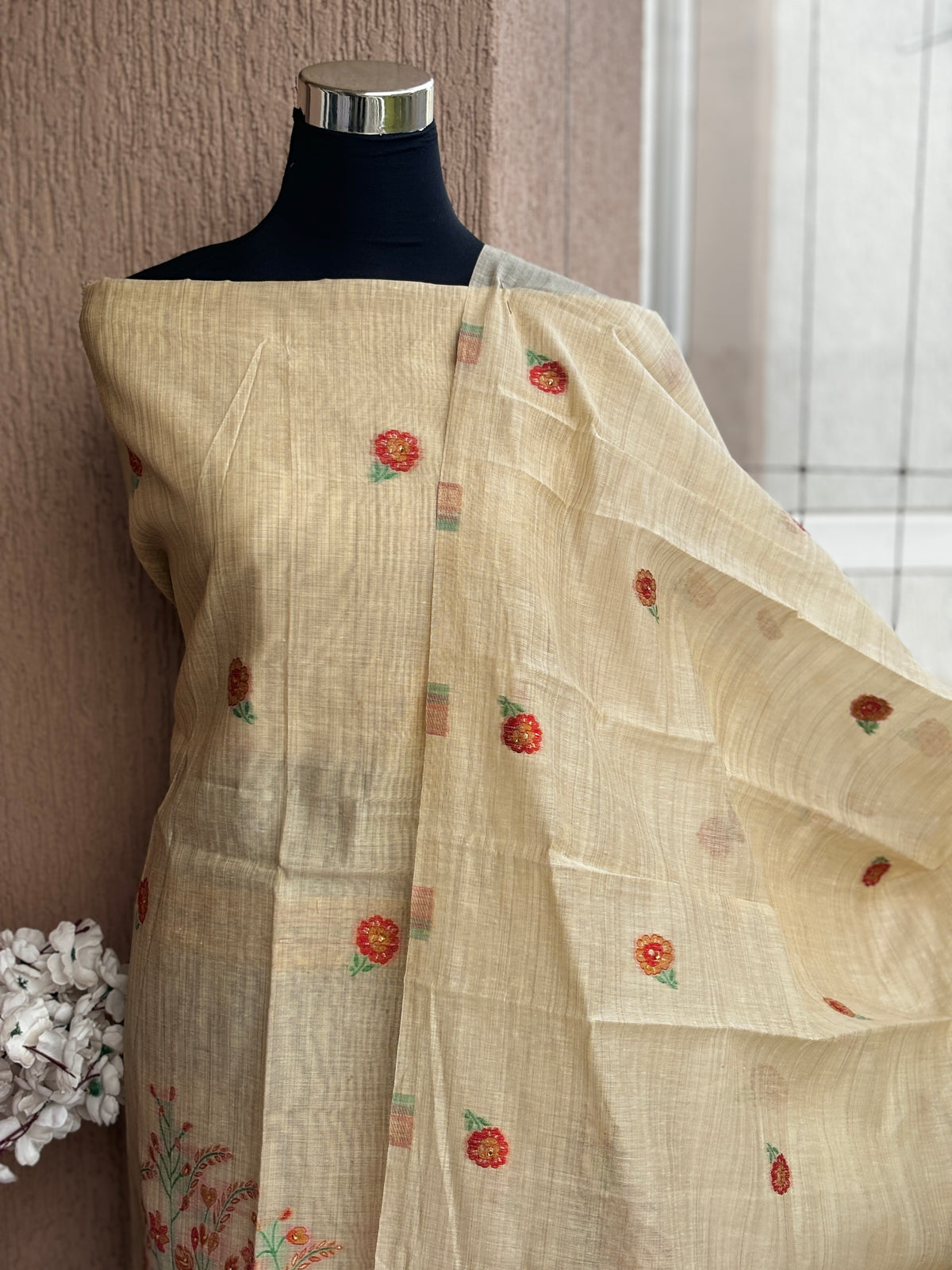 Jamdani Cotton Silk 3-Piece Unstitched Dress Material Set | Weavers Collections