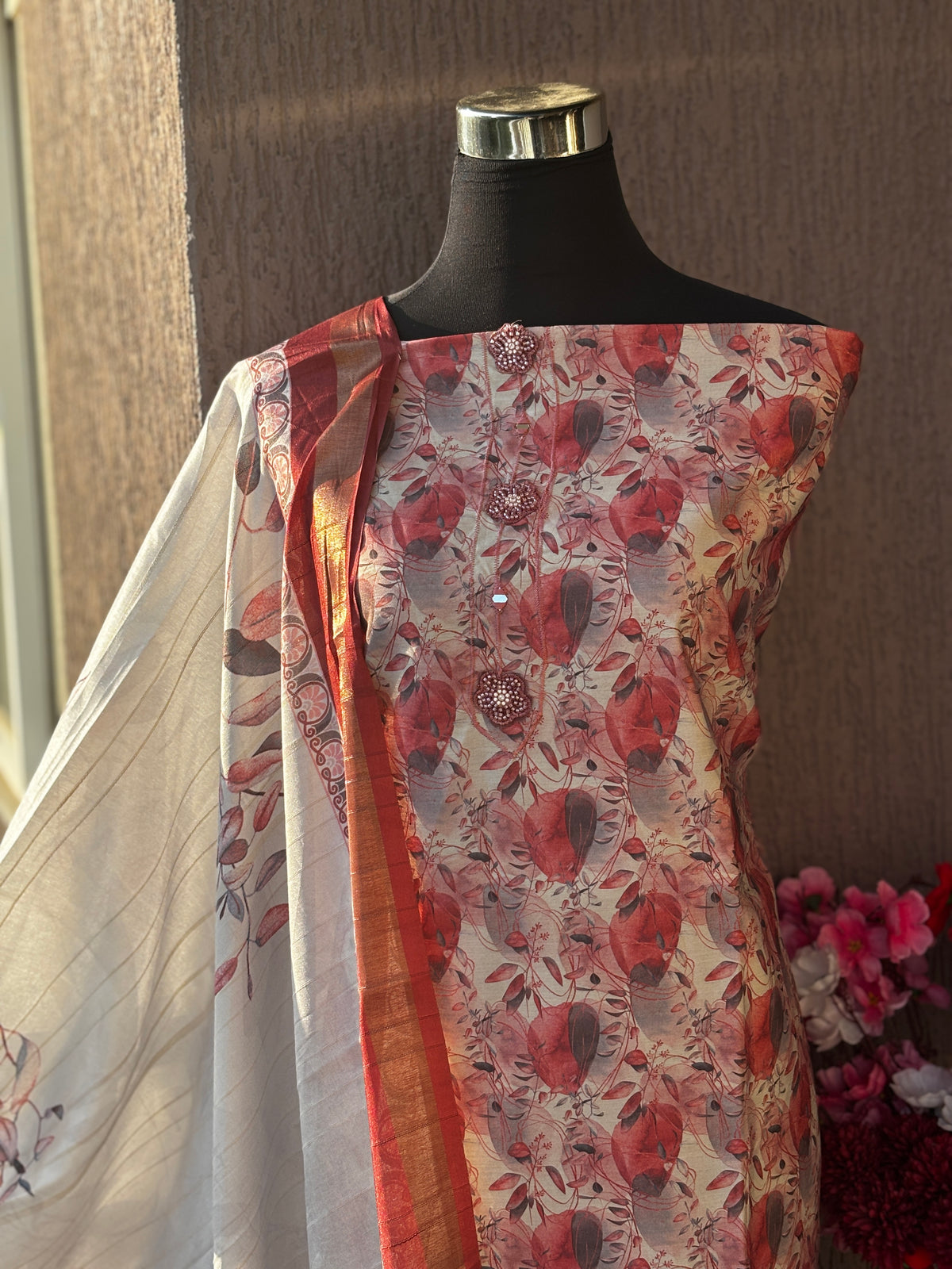 Semi Tussar silk  Floral Printed 3-Piece Unstitched Suit Set