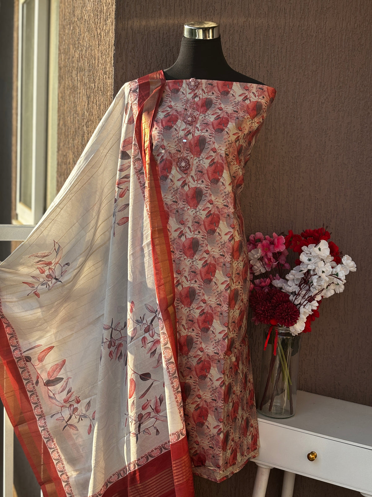 Semi Tussar silk  Floral Printed 3-Piece Unstitched Suit Set