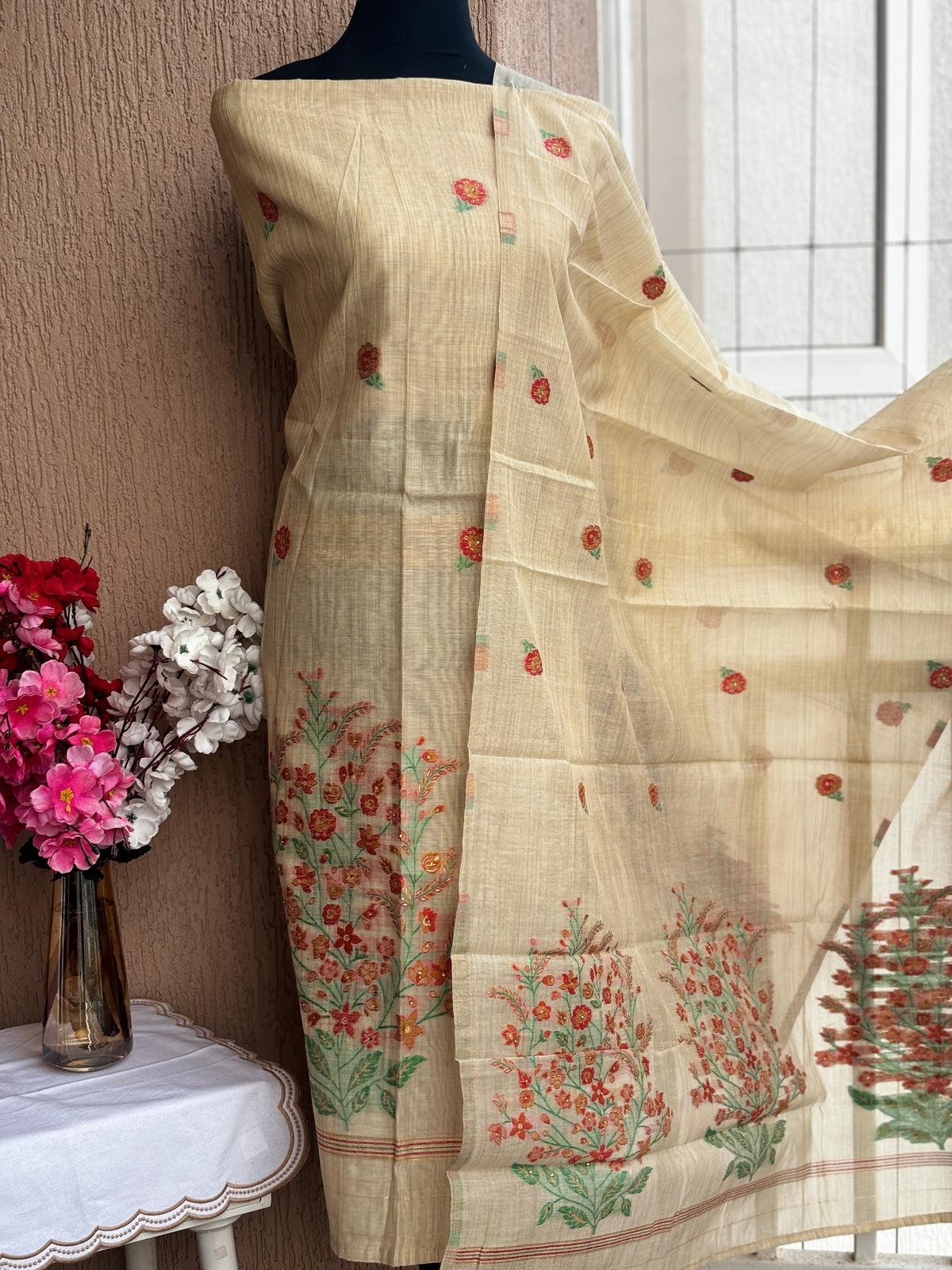 Jamdani Cotton Silk 3-Piece Unstitched Dress Material Set | Weavers Collections