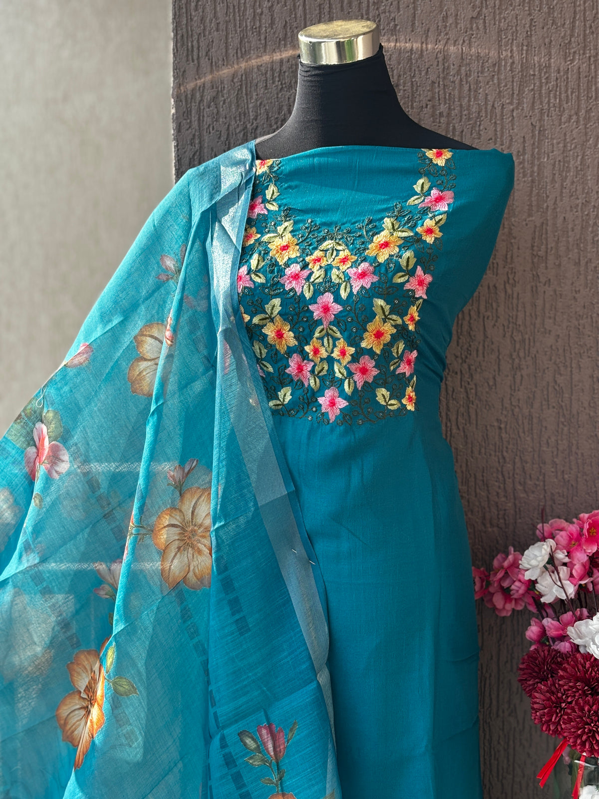 Vichitra Silk Floral Embroidered 3-Piece Unstitched Suit Set
